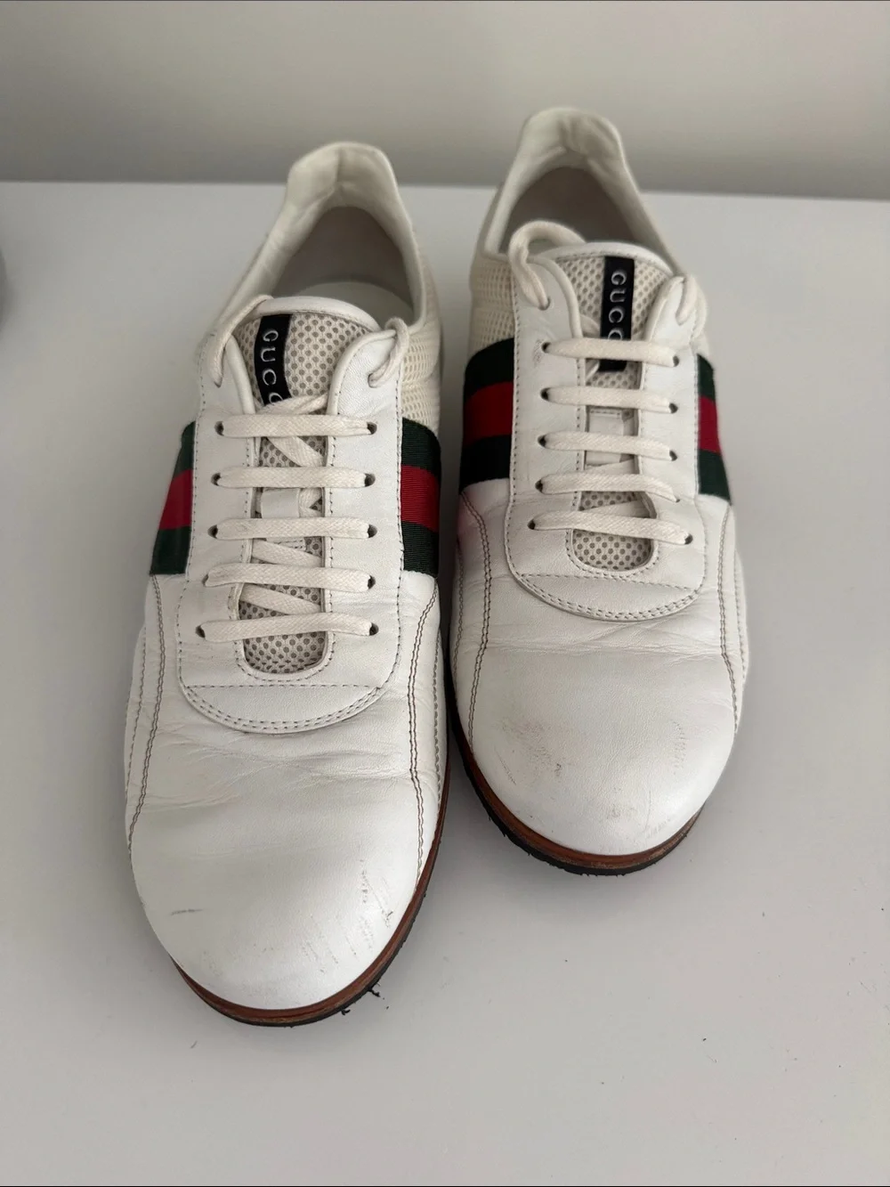 Men’s Gucci White Leather Sneakers with Red and Green Web Stripe Accent
